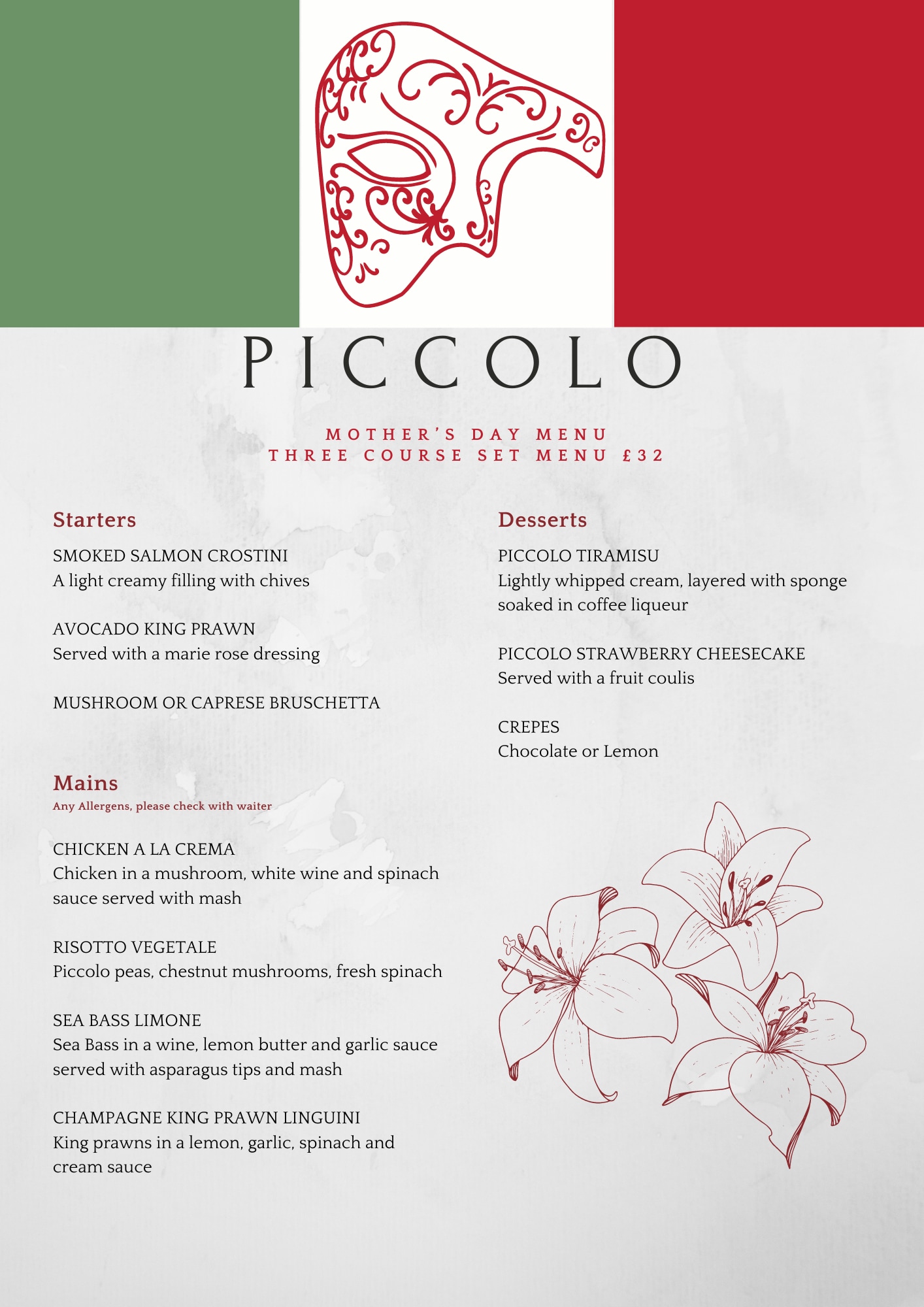piccolo mother's day menu